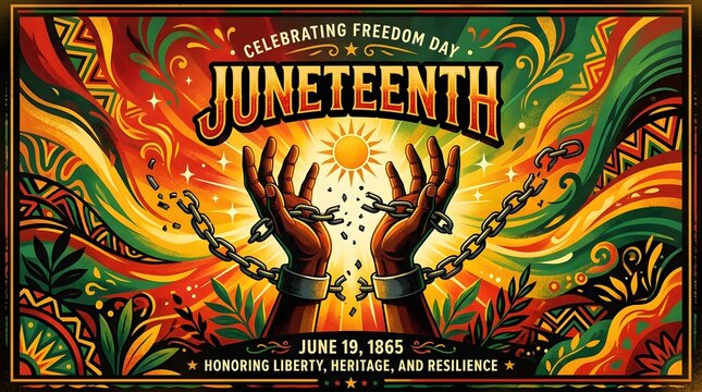Dramatic horizontal banner for Juneteenth showing hands breaking free from metal chains against a sunset background with swirling tribal patterns.