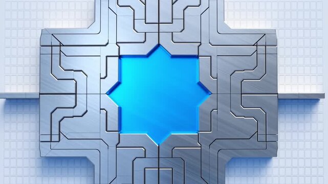 フロストチタンのデータストレージ基盤と青く発光する中央チップの真俯瞰映像