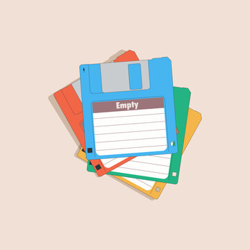 Messy pile of colorful retro floppy disks. Stack of vintage 3.5 inch magnetic data storage diskettes vector illustration.