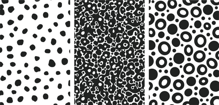 Abstract Black and White Hand Drawn Polka Dot and Organic Cell Seamless Pattern Set for Modern Textile Design Minimalist Backgrounds and Contemporary Fashion Prints