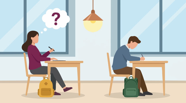 Confused student with question mark and focused classmate in a classroom setting