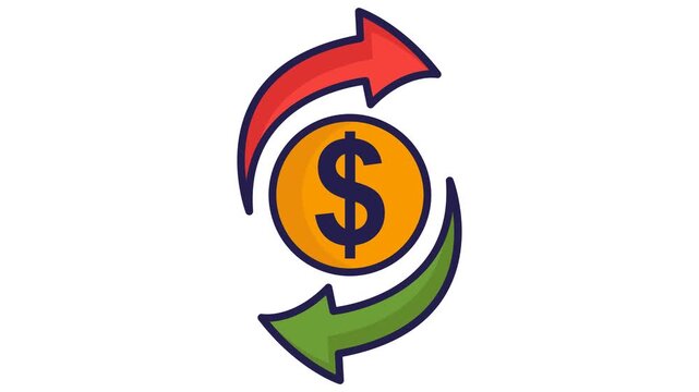 Animated money transfer icon. Orange dollar coin with green and red arrows that smoothly rotate in a circular path. alpha channel, Transparent background. Perfect for UI or UX fintech apps.
