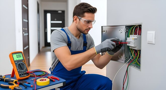 Electrician installing electrical panel, technician working with wires and tools