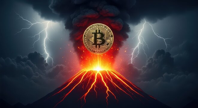 Bitcoin cryptocurrency coin erupting from a volcano with lightning and smoke