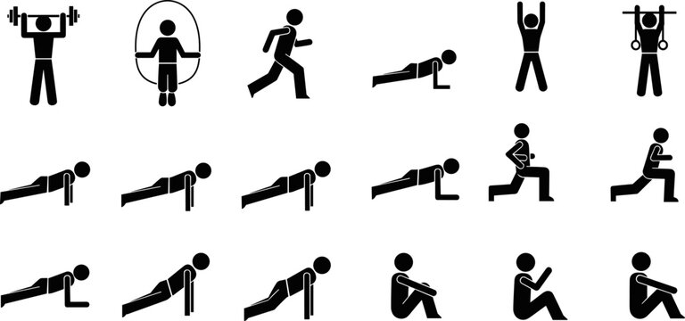Workout and fitness icons set with strength training, cardio exercises, and bodyweight routines, minimal pictogram design for gym and health concept