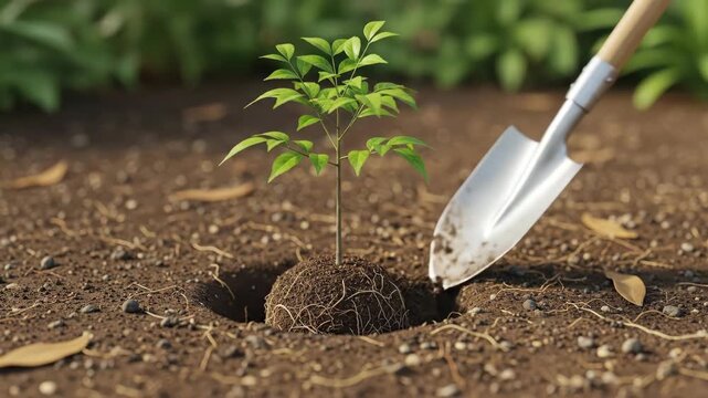 Planting a tree sapling in soil with shovel