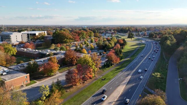 Aerial drone view of suburban highway traffic and road infrastructure in Wilmington, Delaware
