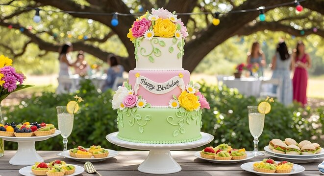 Decorated tiered birtay cake with floral accents on a table during an outdoor garden party