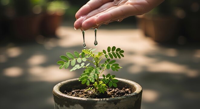 Hand watering small plant in pot, water drops falling, nurturing growth, close up