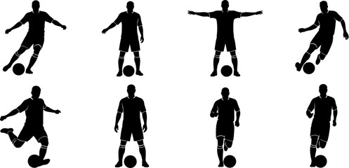 Collection of soccer player silhouettes showing kicking dribbling running and standing poses with ball isolated on white background for sports concepts © Mukti