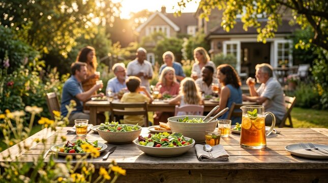 Happy family enjoying a meal together at a sunny outdoor dining table.