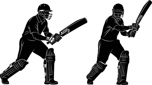 Cricket batsman silhouettes detailed batting stance with protective gear, sports action illustration, competitive game concept isolated on white background