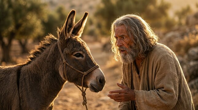 A profile view of the biblical character Balaam interacting with a talking donkey.