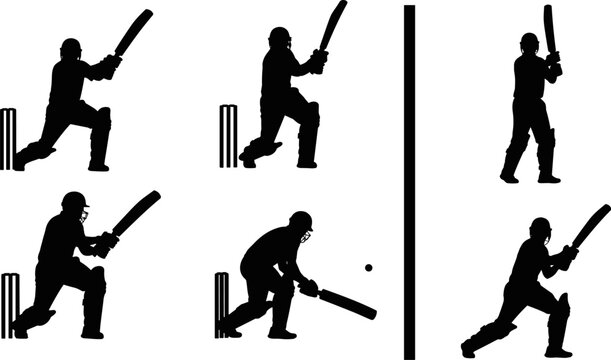 Cricket player silhouettes batting action poses with bat and stumps, sports activity collection, competitive game concept isolated on white background
