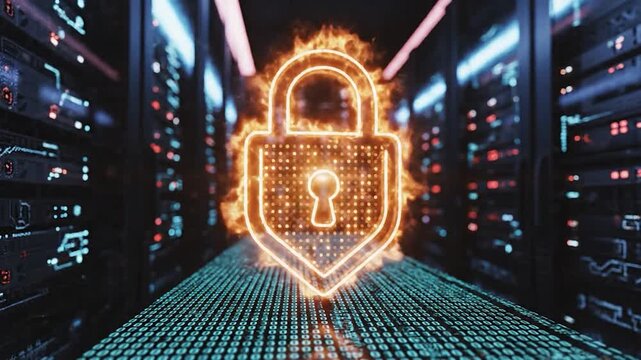 Digital security concept with glowing padlock and binary code