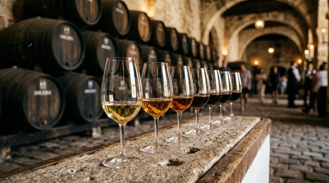 A lineup of sherry wine tasting glasses in a traditional Jerez cellar.