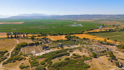 Obraz premium Balat, Turkey. Aerial view of Delphinion sanctuary of Apollo, Capito Roman Baths and North Agora at Miletus. Aerial View