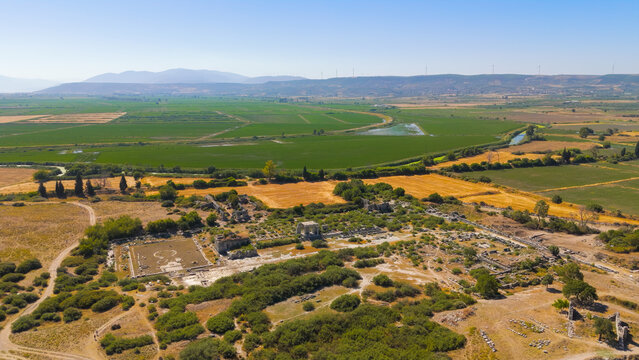 Balat, Turkey. Aerial view of Delphinion sanctuary of Apollo, Capito Roman Baths and North Agora at Miletus. Aerial View