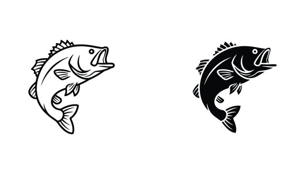 Jumping largemouth bass fish silhouette icon set for fishing and outdoor sporting branding or club logos
