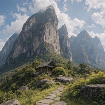 "A peaceful wooden house in a stunning Pathani mountain landscape."