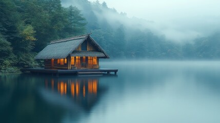 Fototapeta premium Misty Lakeside Cabin, Tranquil Morning