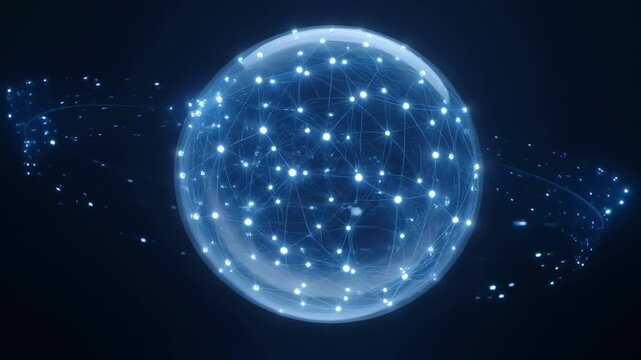 Glowing interconnected sphere with digital network nodes