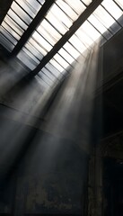 Obraz premium Sunlit Decay Atmospheric Interior of Abandoned Industrial Hall with Dust Motes