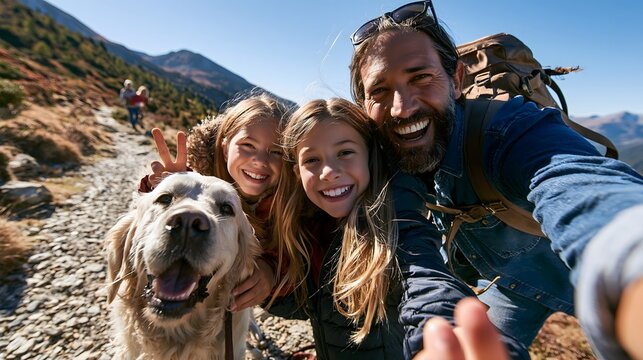 Gl&uuml;ckliche Familie mit Hund macht Selfie in den Bergen