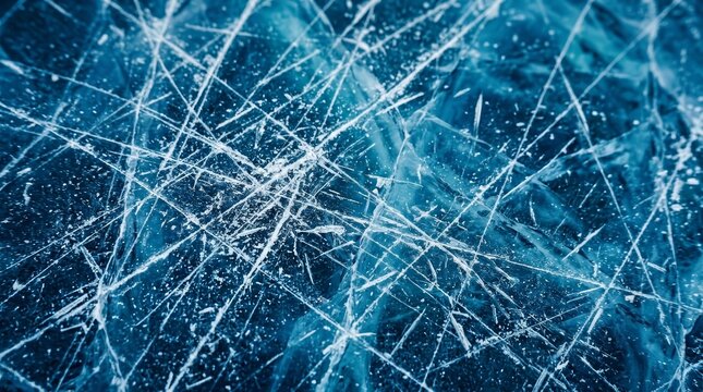Scratched blue ice texture with ice skating and hockey blade marks