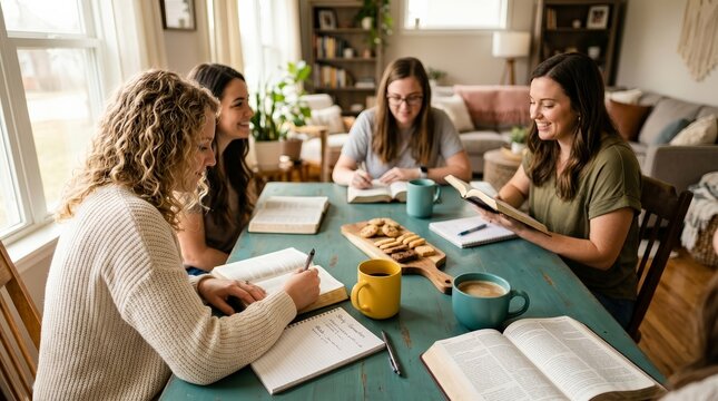 Women gathering for a church Bible study meeting with coffee and snacks.