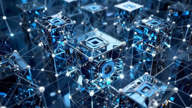 Blockchain Concept Using Mirror Reflections Creating Infinite Network Illusion of Glowing Data Nodes