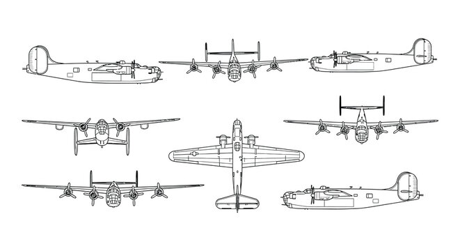 Vector illustration of multiple views of a vintage bomber airplane