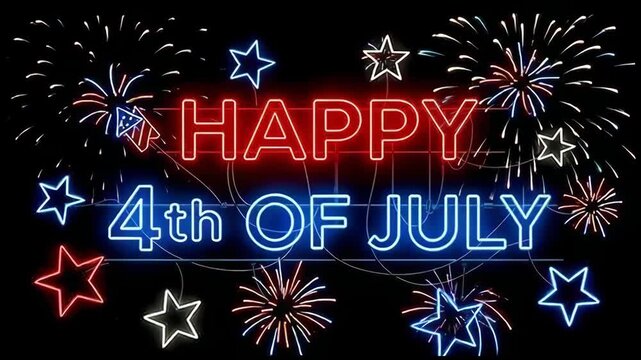 Happy 4th of july neon sign style text with fireworks and stars on a black background