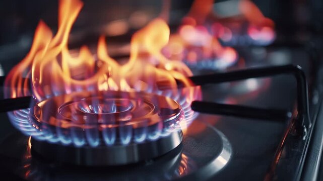 Gas stove burner igniting with vibrant blue and orange flames, radiating intense heat for cooking, representing energy and domestic utility in a modern kitchen environment