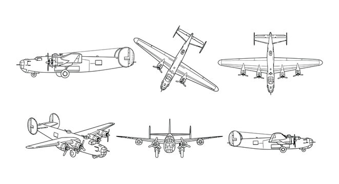Vector illustration of multiple views of a vintage bomber airplane