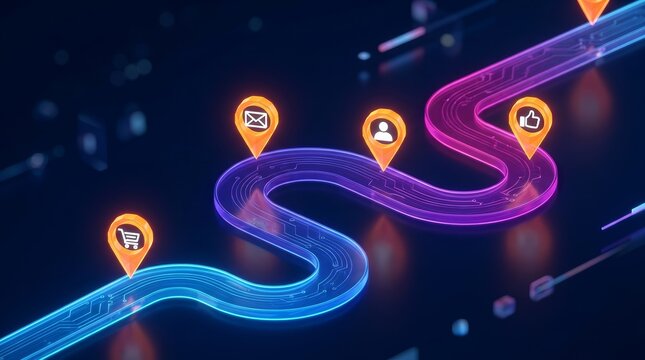 The customer journey map presented as a winding neon glowing pathway with icons.