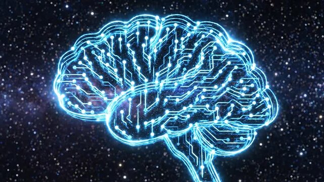 Glowing digital brain circuit board against a starry cosmic background