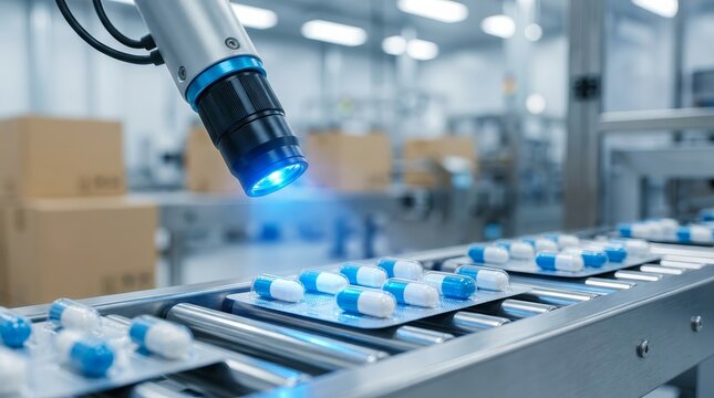 Robotic machine inspecting pharmaceutical blister packs on a production line.