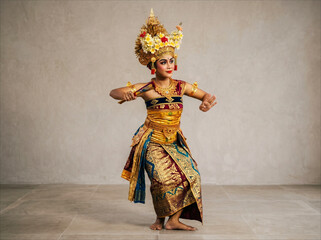 Graceful Balinese Traditional Dancer in Full Golden Attire. A graceful Balinese dancer poses elegantly in a stunning traditional golden costume and crown © Passion
