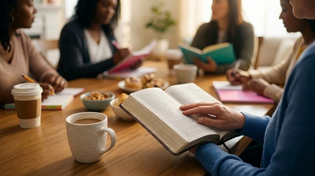 A small group of women studying the Bible together in a cozy home setting.