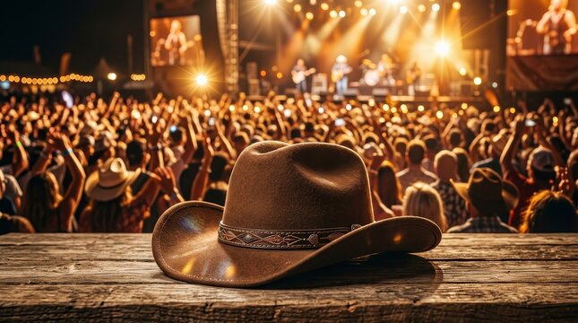 Country music festival vibes featuring a cowboy hat in front of a concert crowd.
