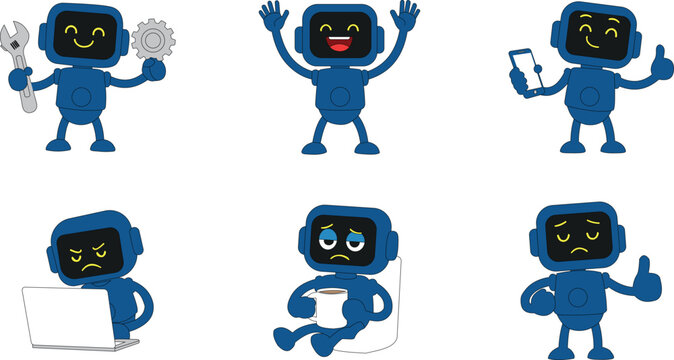 Blue robot mascot character set with different emotions and actions flat vector