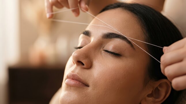 Close up of a female client receiving professional eyebrow threading treatments.