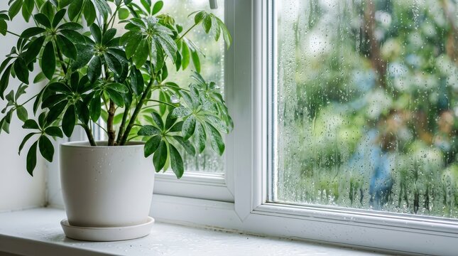Indoor plant in a white pot near a window showing high humidity and condensation.