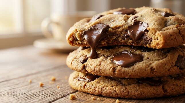 Chocolate chip cookies stack with melting chocolate on rustic wood table, macro view of homemade gourmet dessert