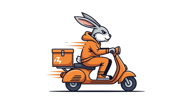 Rabbit in orange suit rides scooter with delivery bag on back