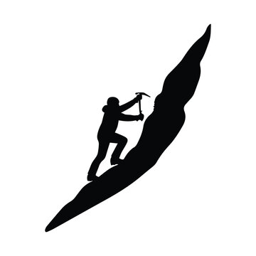 Mountaineer climbing vertical cliff with ice axe vector illustration