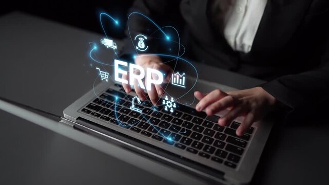 ERP platform visual showing centralized system for enterprise resource planning, improving integration, data flow, business efficiency, finance, inventory, and human resources. Muxer
