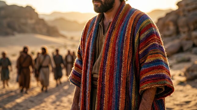 Biblical characters wearing colorful robes with a blurred background.