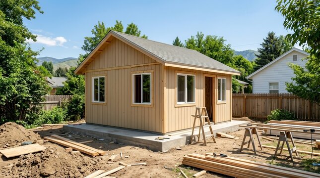 A new accessory dwelling unit under construction in a residential backyard.
